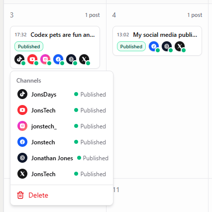 WooshOut per-platform publishing outcomes and status details.